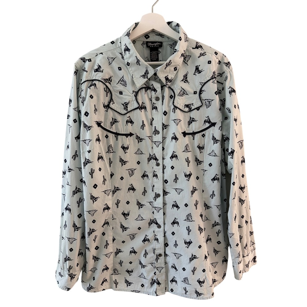 Wrangler Retro Mens XXL Blue Western Pearl Snap Shirt Bronco Cactus Print